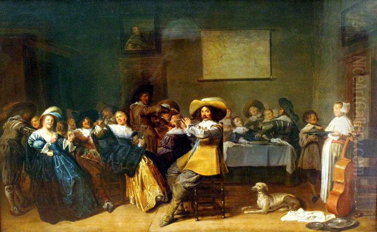Elegant company playing music and drinking in an interior Oil Painting by Dirck Hals