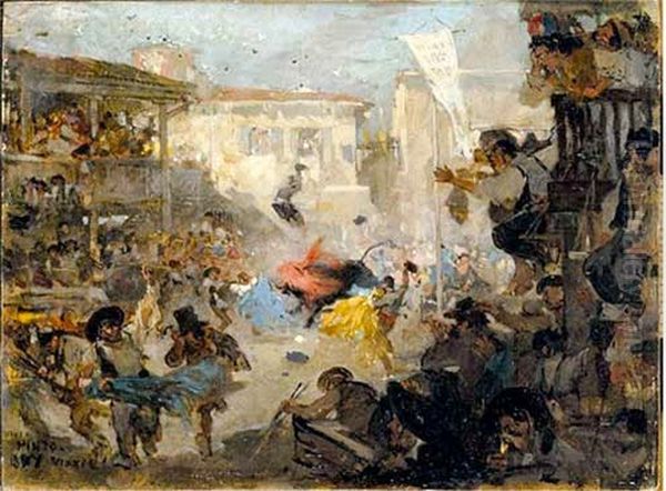 Course de taureaux improvisee sur une place publique d'une ville d'Espagne Oil Painting by Daniel Vierge