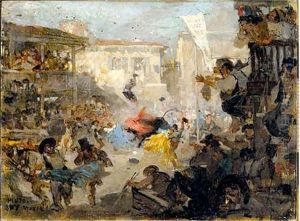 Course de taureaux improvisee sur une place publique d'une ville d'Espagne