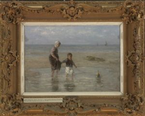 Two Children Wading at the Shore
