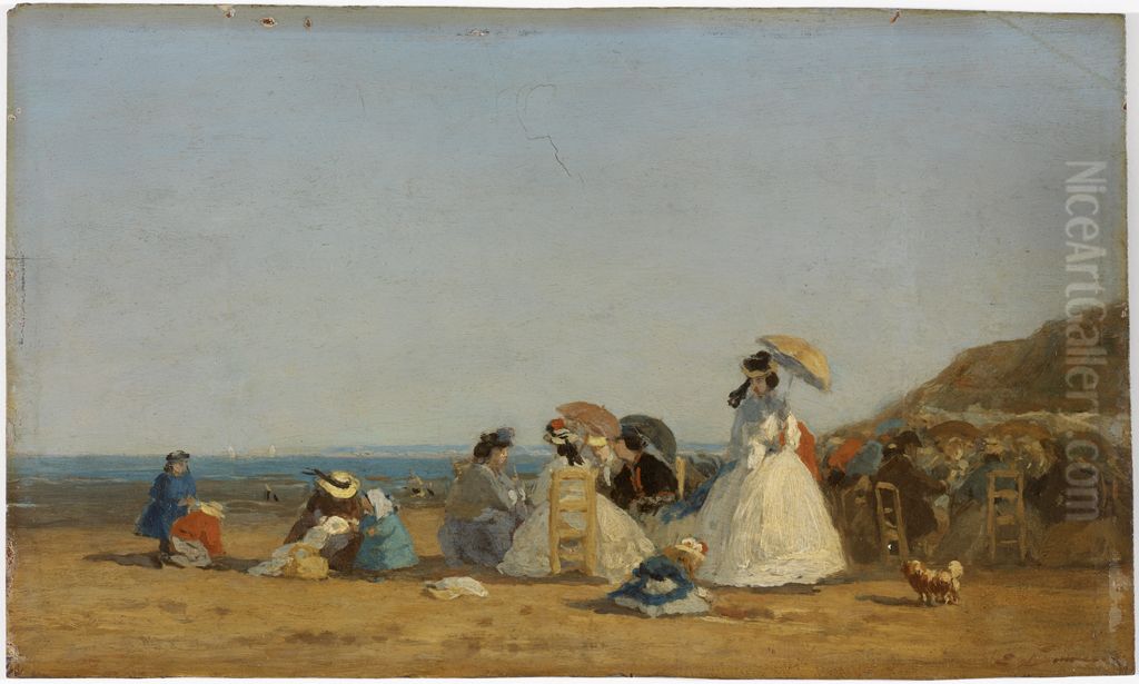 Figures on a Beach Oil Painting by Eugene Louis Boudin