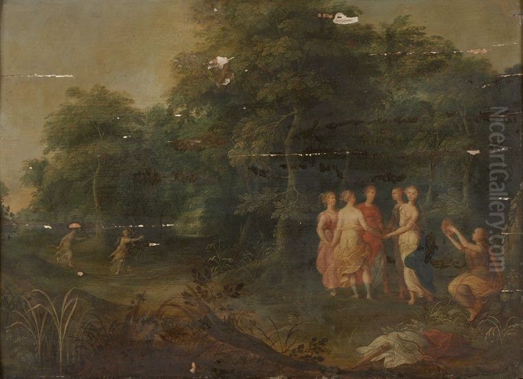 A Wooded Landscape with Nymphs Dancing Oil Painting by Adriaen Van Stalbemt