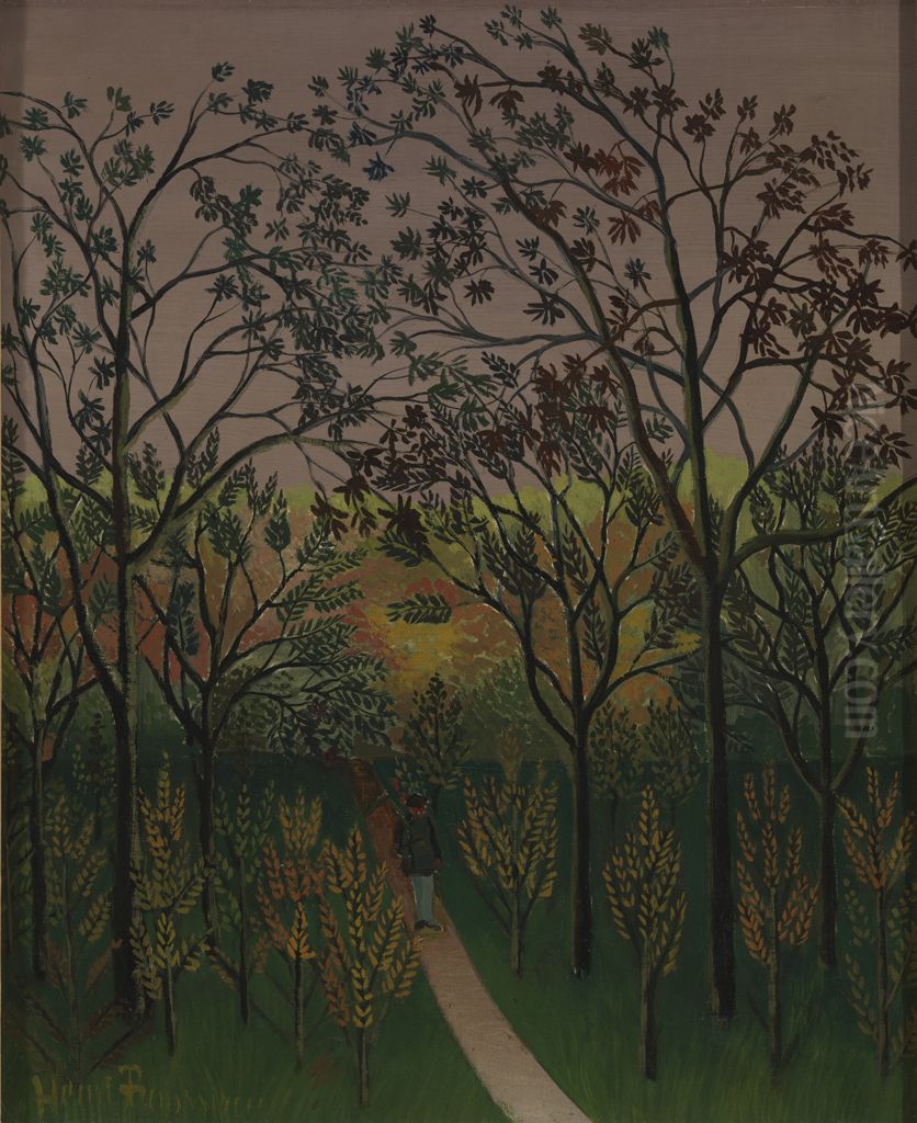 A Corner of the Park at Bellevue, Autumn, Sunset (Un Coin du plateau de Bellevue. automne, soleil couchant) Oil Painting by Henri Julien Rousseau