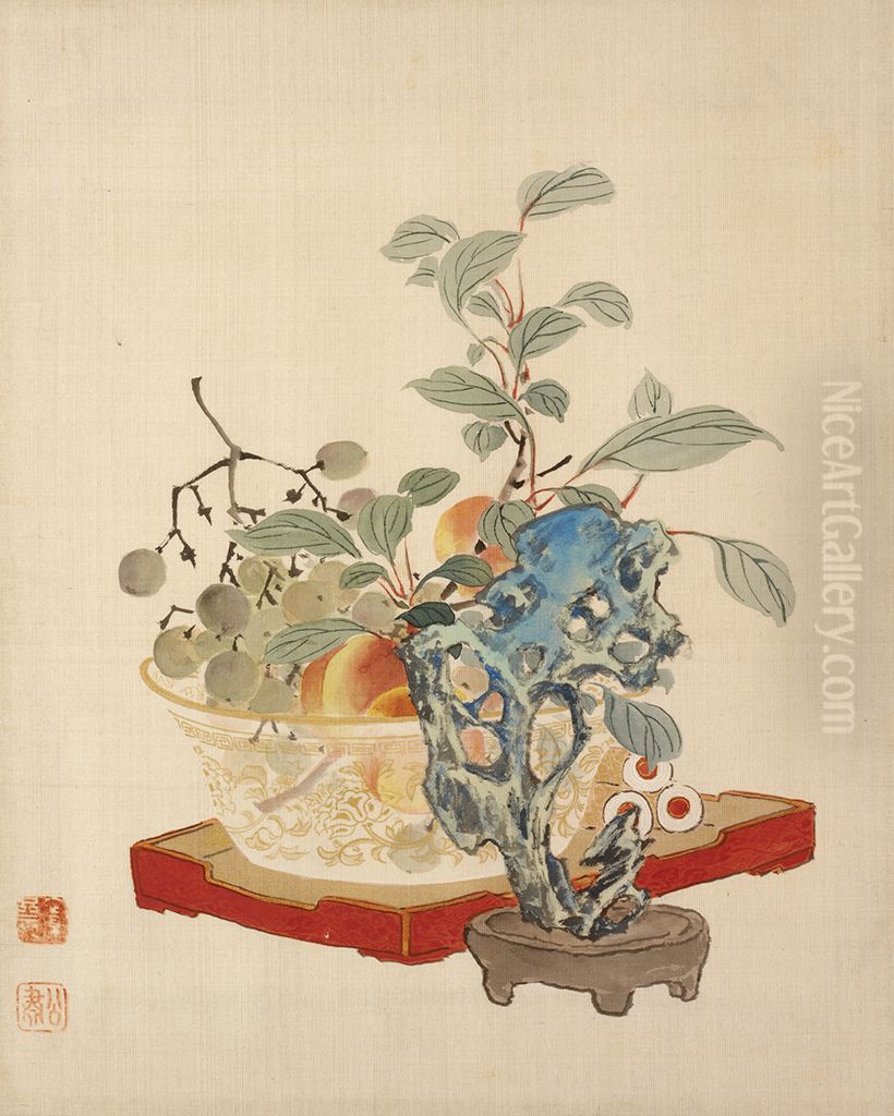 Fruit and a Taihu Rock Oil Painting by Mori Kansai