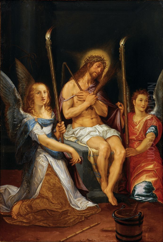 Christ on the Cold Stone with Two Angels Oil Painting by Goltzius Hendrick