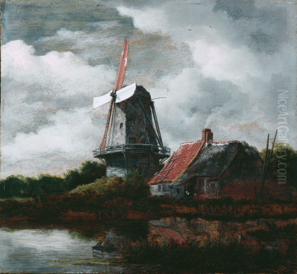 Landscape with a Farm House and Windmill Oil Painting by Jacob Van Ruisdael