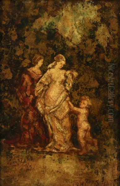 Two Women and a Child Oil Painting by Adolphe Joseph Thomas Monticelli