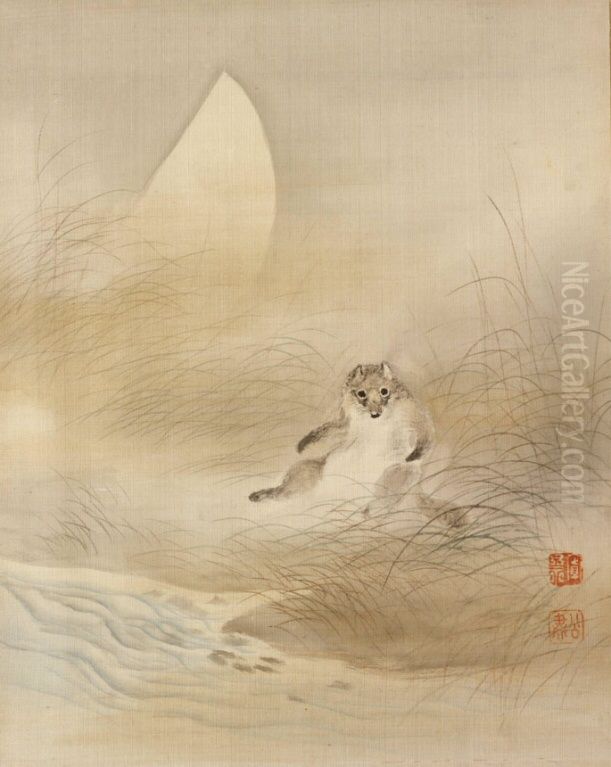 Tanuki (racoon) with Autumn Moon Oil Painting by Mori Kansai