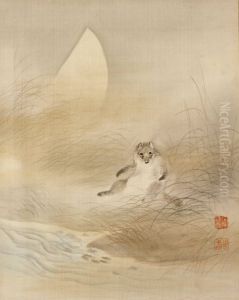 Tanuki (racoon) with Autumn Moon