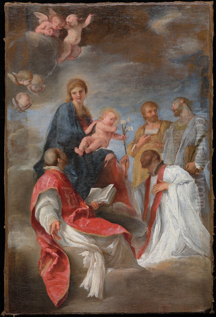 The Madonna and Child with Saints Ignatius of Loyola, Francis Xavier, Cosmas and Damian Oil Painting by Andrea Sacchi