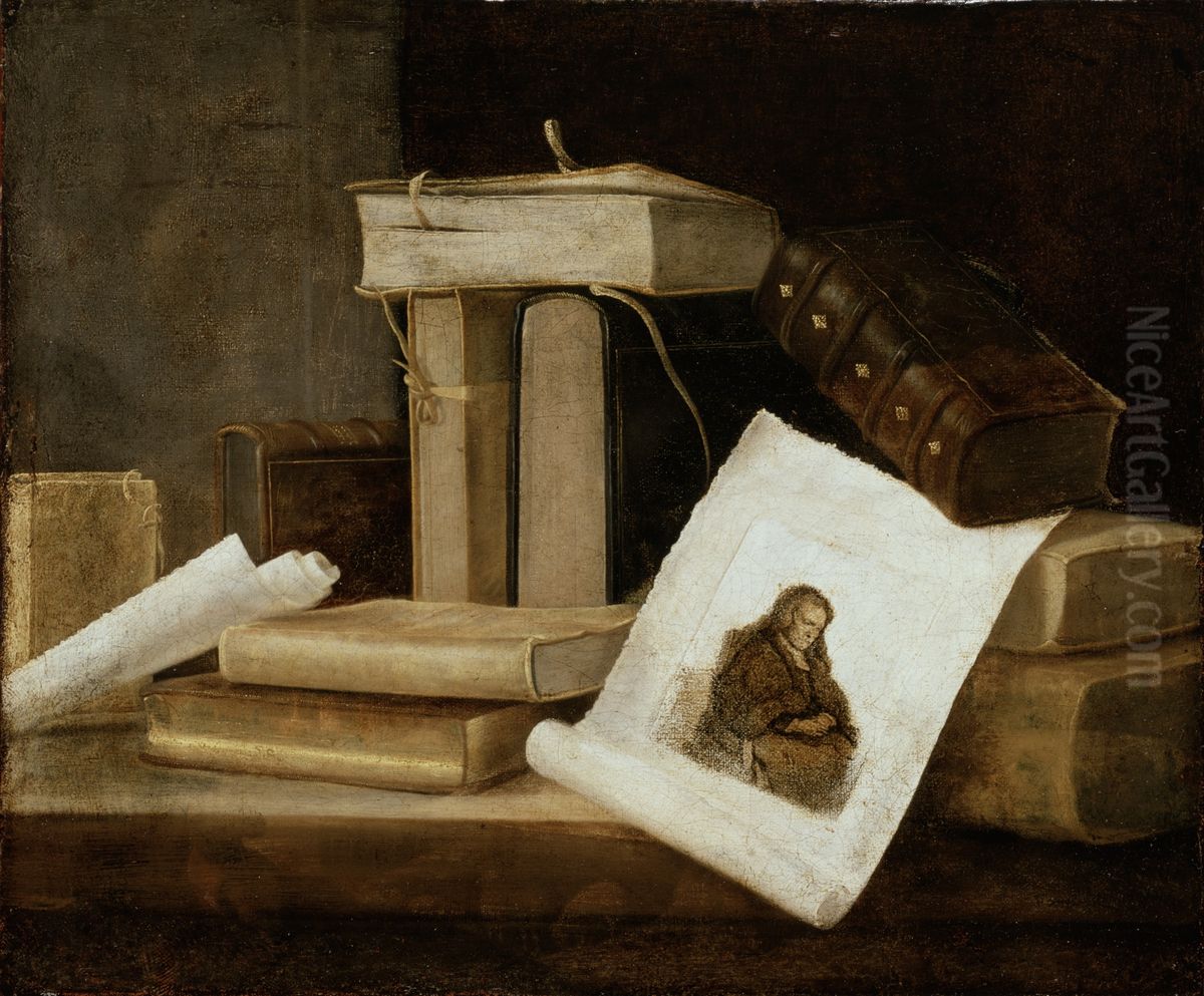 Still Life of Books and a Rembrandt Engraving Oil Painting by Sebastian Stoskopff
