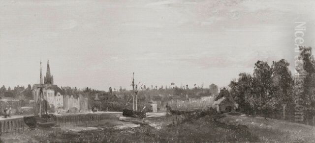 Dutch Boats at Low Tide - Antwerp Oil Painting by Samuel Colman