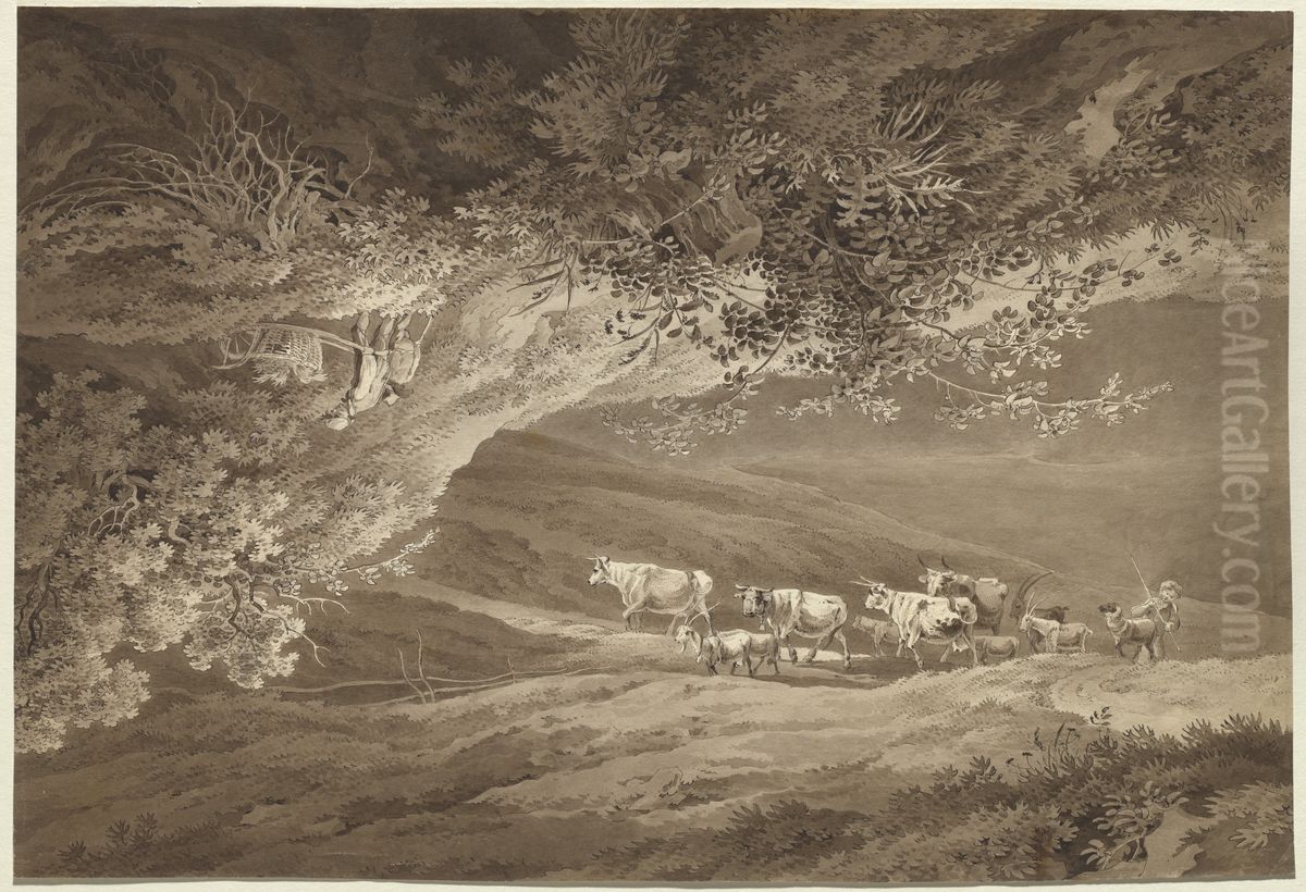 A Landscape with a Herd of Cows and Goats, Surmounted by Another Landscape, Upside-down, with a Man Pushing a Wheelbarrow Oil Painting by Adrian Zingg