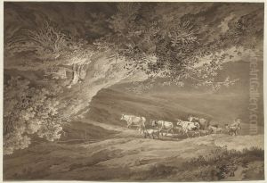 A Landscape with a Herd of Cows and Goats, Surmounted by Another Landscape, Upside-down, with a Man Pushing a Wheelbarrow