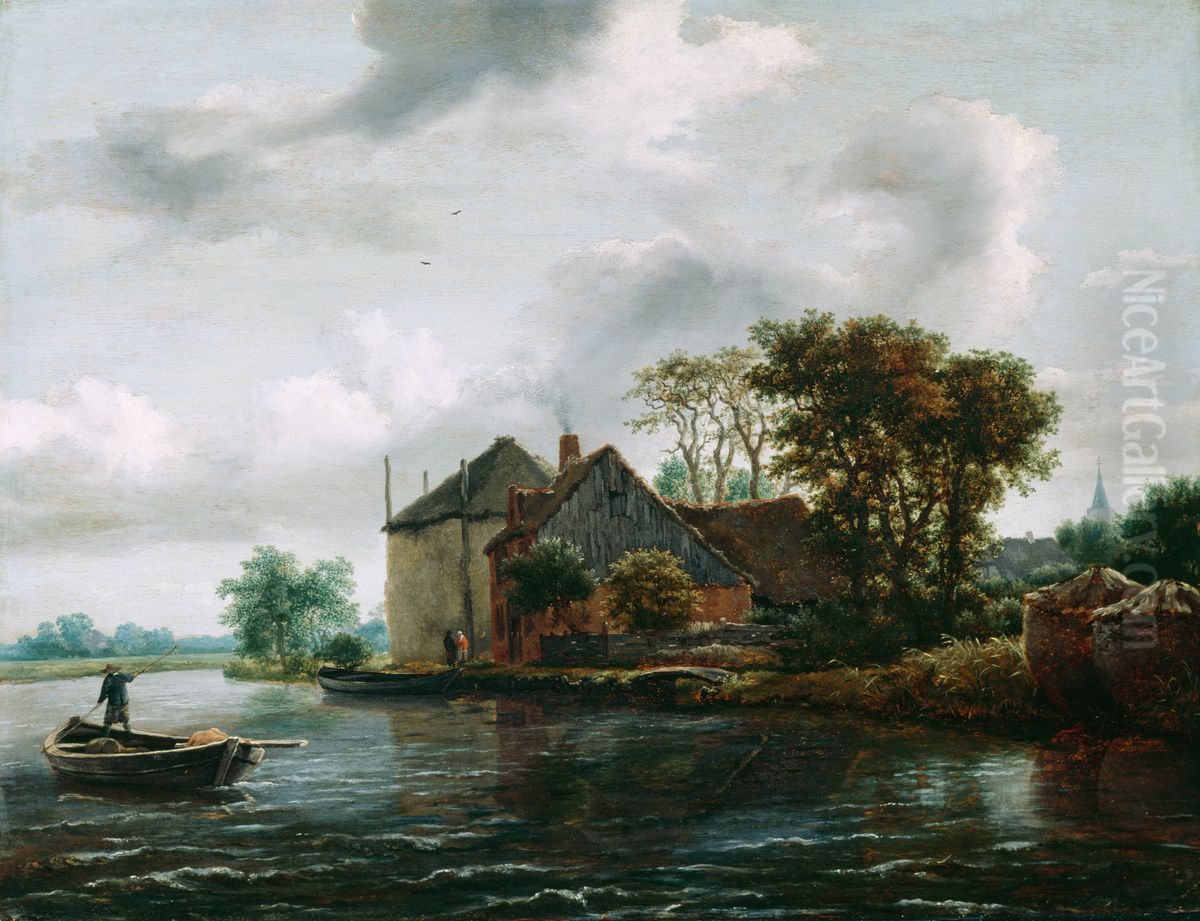 Farm and Hayrick on a River Oil Painting by Jacob Van Ruisdael