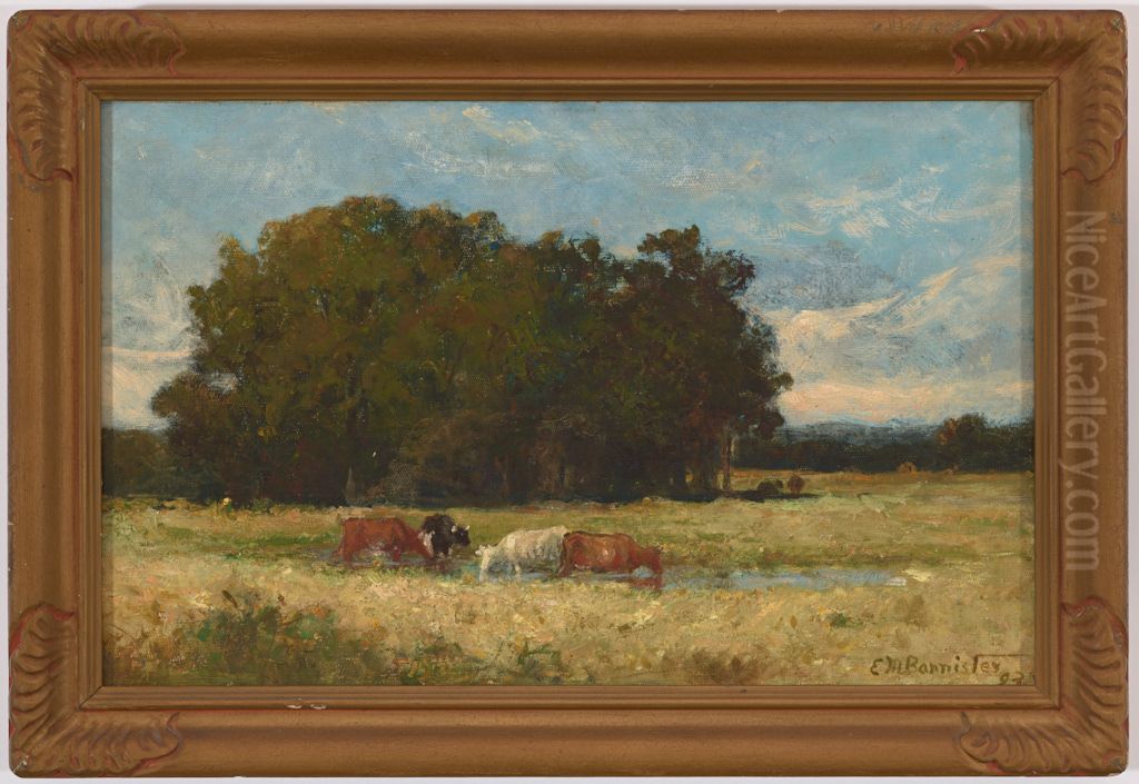 Four Cows in a Meadow Oil Painting by Edward Mitchell Bannister