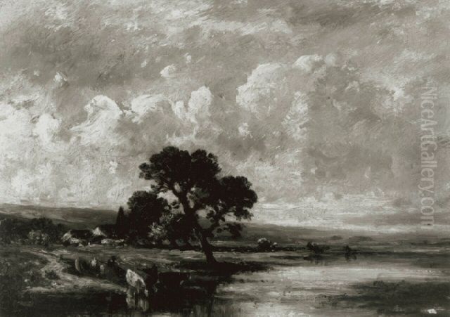 Cows Drinking Oil Painting by Jules Dupre