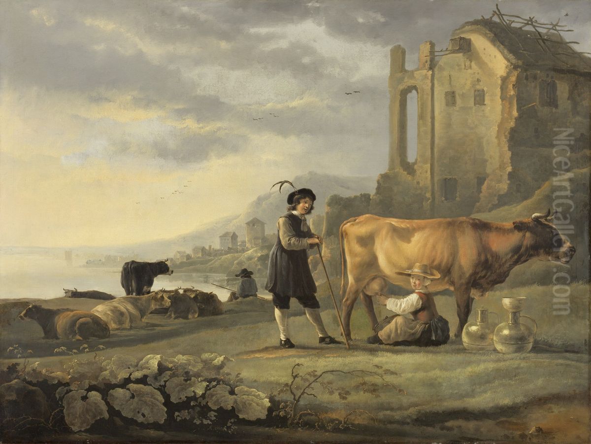 Landscape with Maid Milking a Cow Oil Painting by Aelbert Cuyp