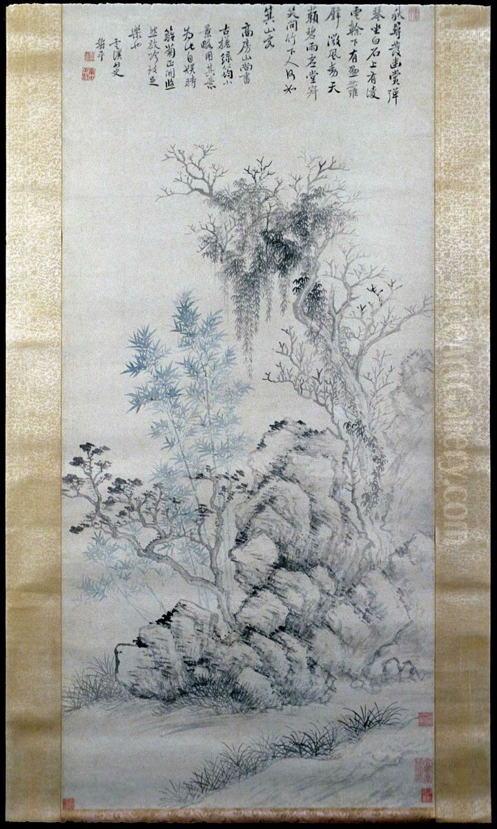 Bamboo and Trees in a Rockery Oil Painting by Yun Shouping