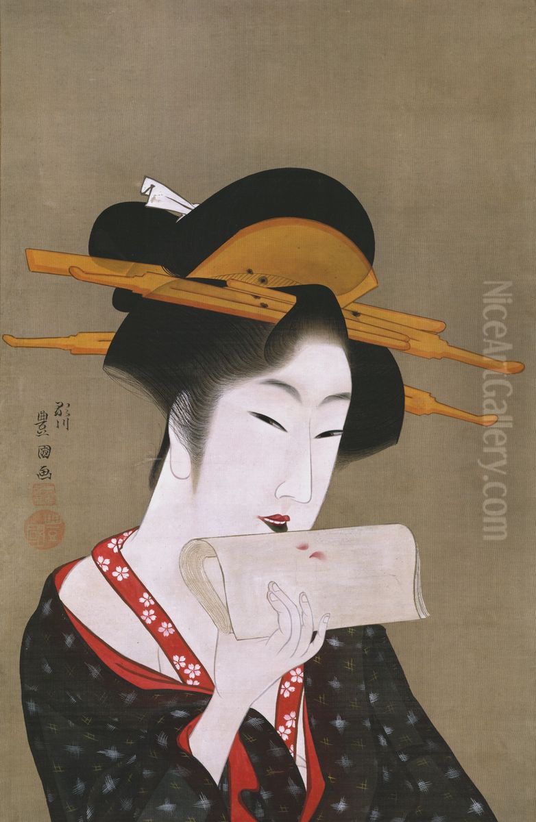 Beauty Blotting Her Lip Rouge Oil Painting by Utagawa Toyokuni I
