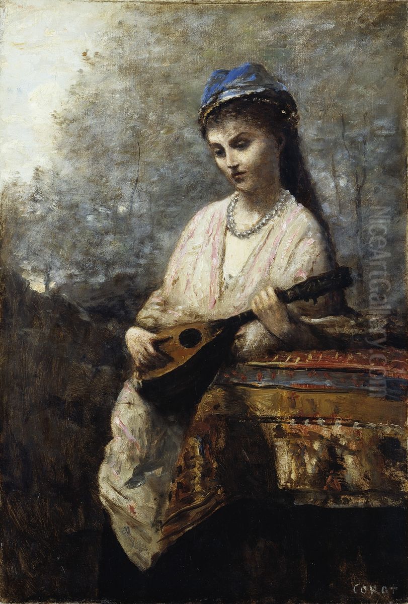 Young Girl with a Mandolin Oil Painting by Jean-Baptiste Camille Corot