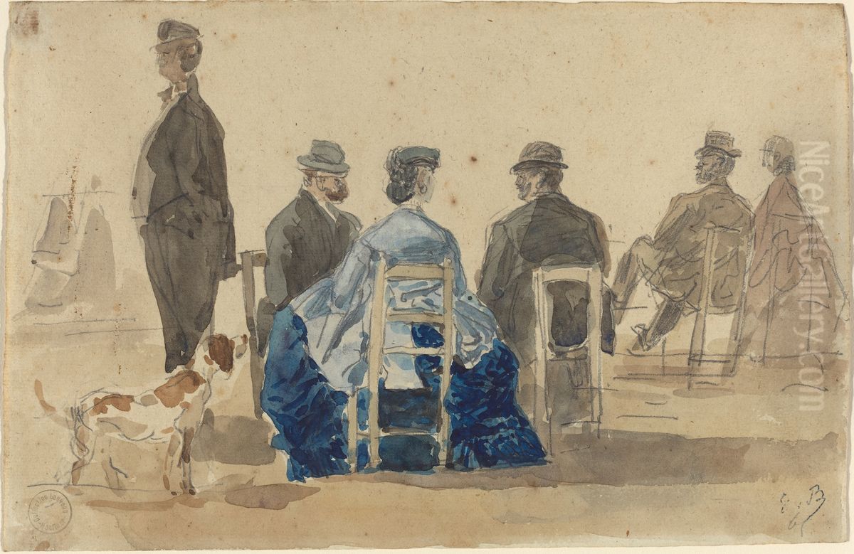 Ladies and Gentlemen Seated on the Beach with a Dog Oil Painting by Eugene Louis Boudin