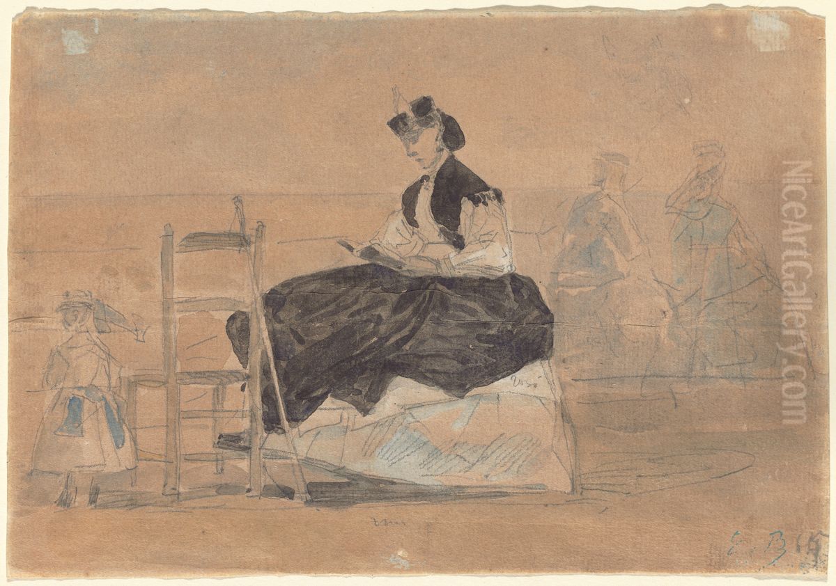 Woman in a Crinoline on the Beach of Trouville Oil Painting by Eugene Louis Boudin