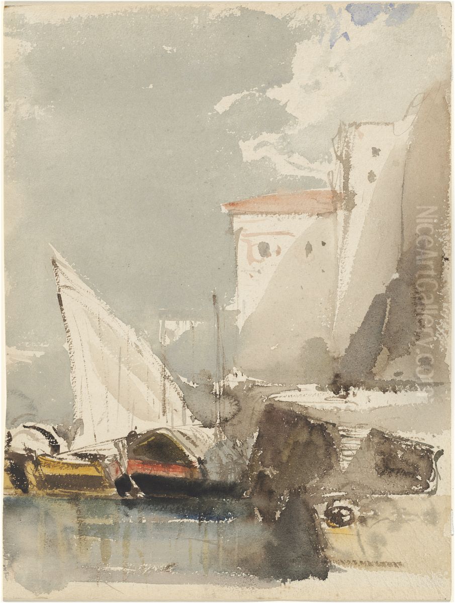 Sailboats in a Sunlit Harbor  (recto) Oil Painting by Eugene Isabey