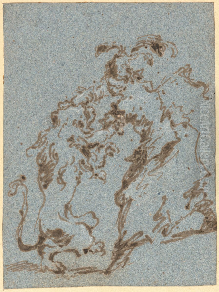 An Elegantly Dressed Woman Struggling with a Lion Oil Painting by Francesco Guardi