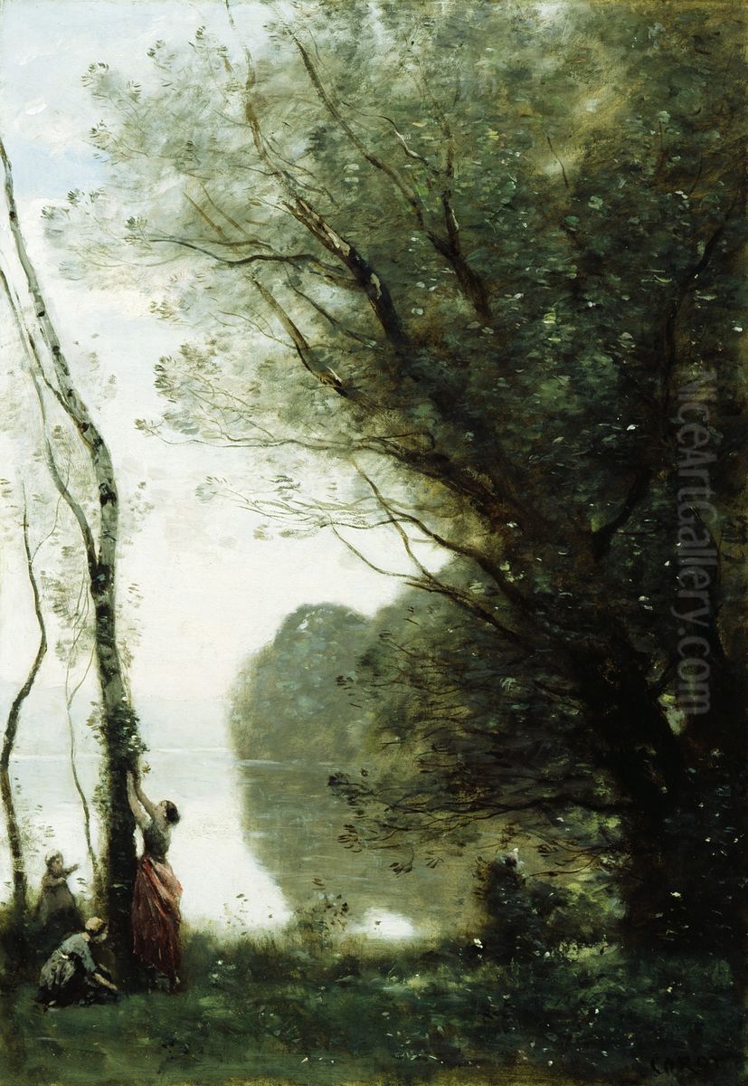 Gathering Fruit at Mortefontaine Oil Painting by Jean-Baptiste Camille Corot
