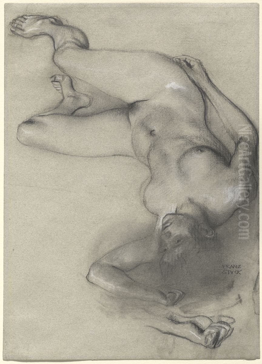Nude Woman Lying on the Ground Oil Painting by Franz Stuck