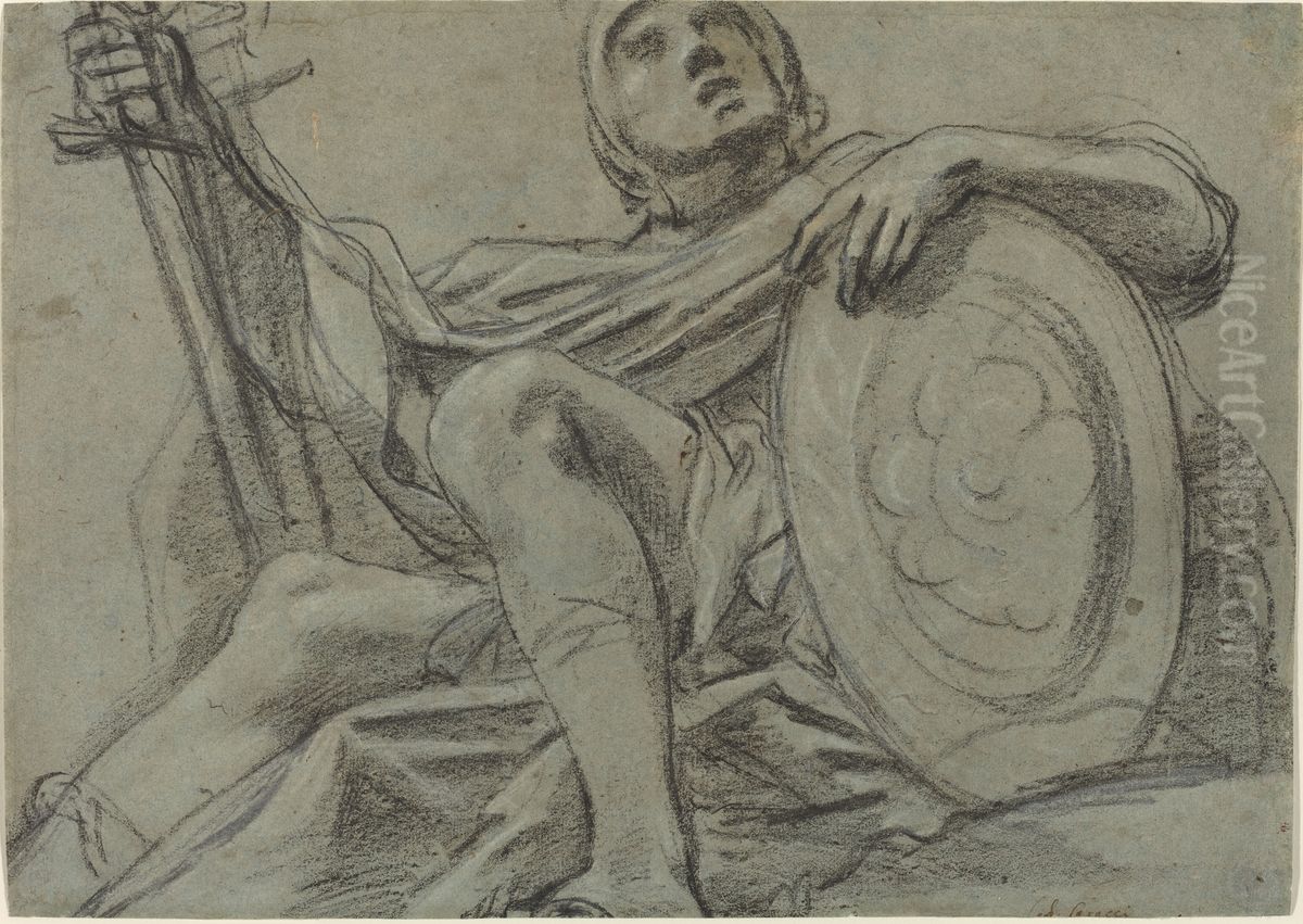Seated Warrior Holding a Sword and Shield [recto] Oil Painting by Giacomo Cavedone