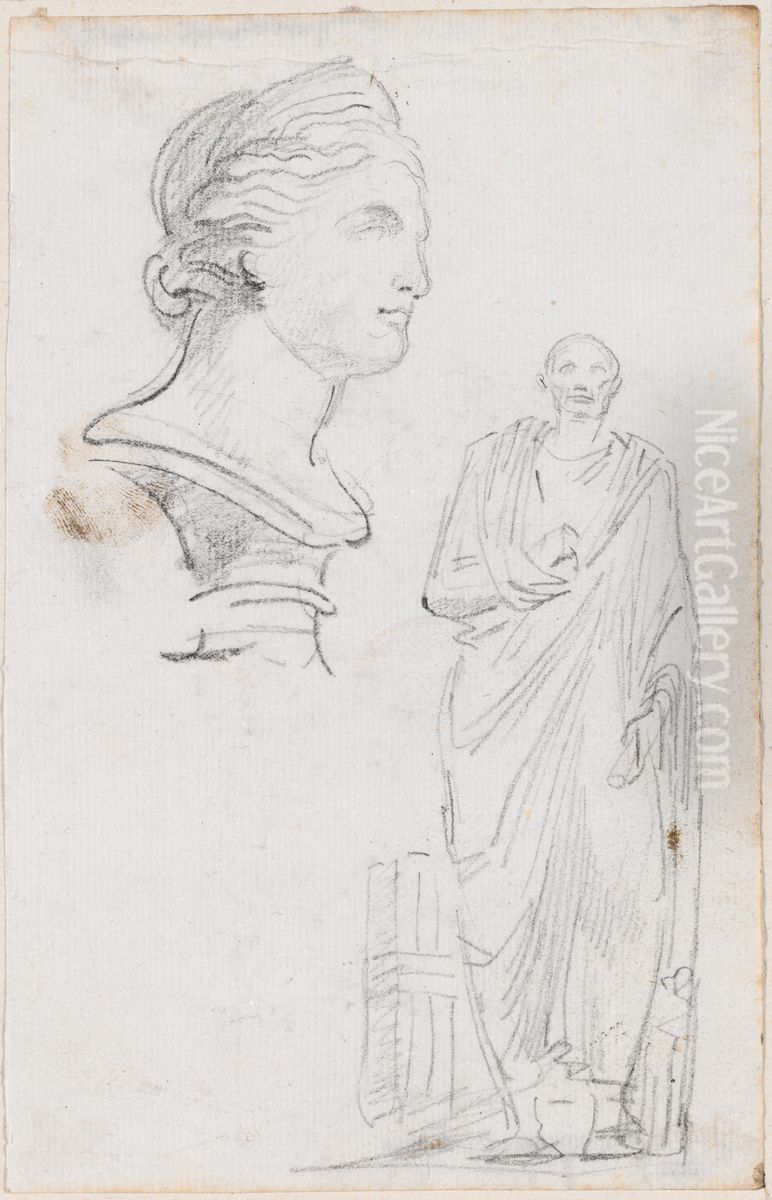 Bust of a Roman Woman and Statue of a Roman Man Oil Painting by Hubert Robert