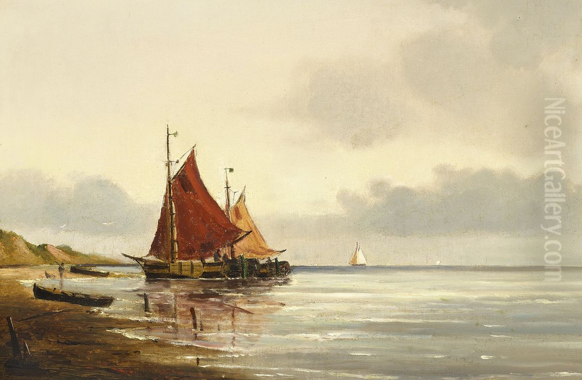 Fishing boats at the shore. Oil Painting by Carl Frederik Sorensen