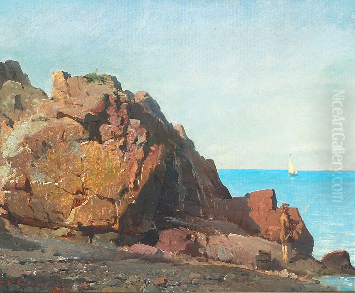 An angler on a rocky shore. Oil Painting by Carl Frederik Sorensen