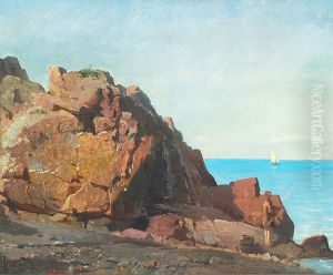 An angler on a rocky shore.