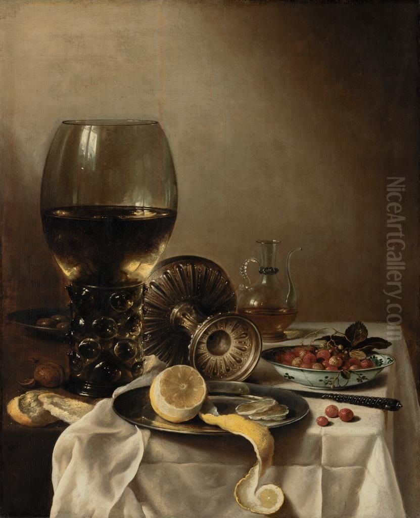 Stilleven met grote roemer en liggende tazza, citroen en bosaardbeitjes Oil Painting by Pieter Claesz