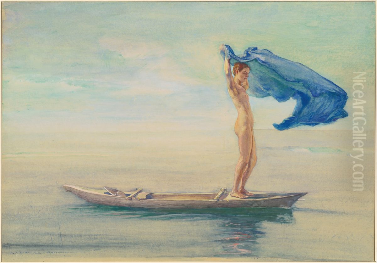 Girl in Bow of Canoe Spreading Out Her Loin-Cloth for a Sail, Samoa Oil Painting by John La Farge