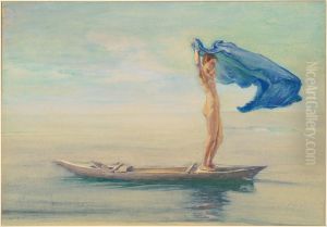 Girl in Bow of Canoe Spreading Out Her Loin-Cloth for a Sail, Samoa