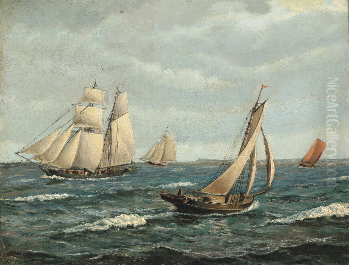 Seascape with sailing boats. Oil Painting by Carl Frederik Sorensen