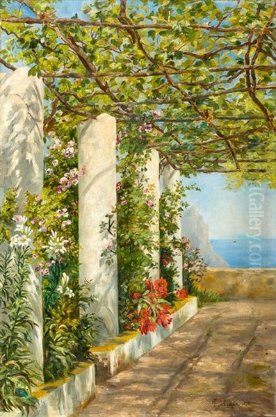 Overgrown with wine and flowers pergola over the sea Oil Painting by Clara Lobedan