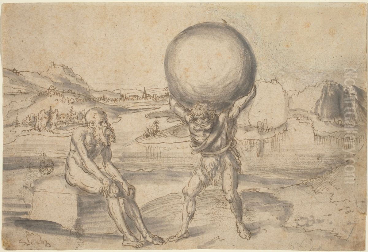Herkules nimmt Atlas die Last der Weltenkugel Oil Painting by Lucas Cranach the Elder