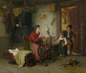 Familie mit Frau am Spinnrad