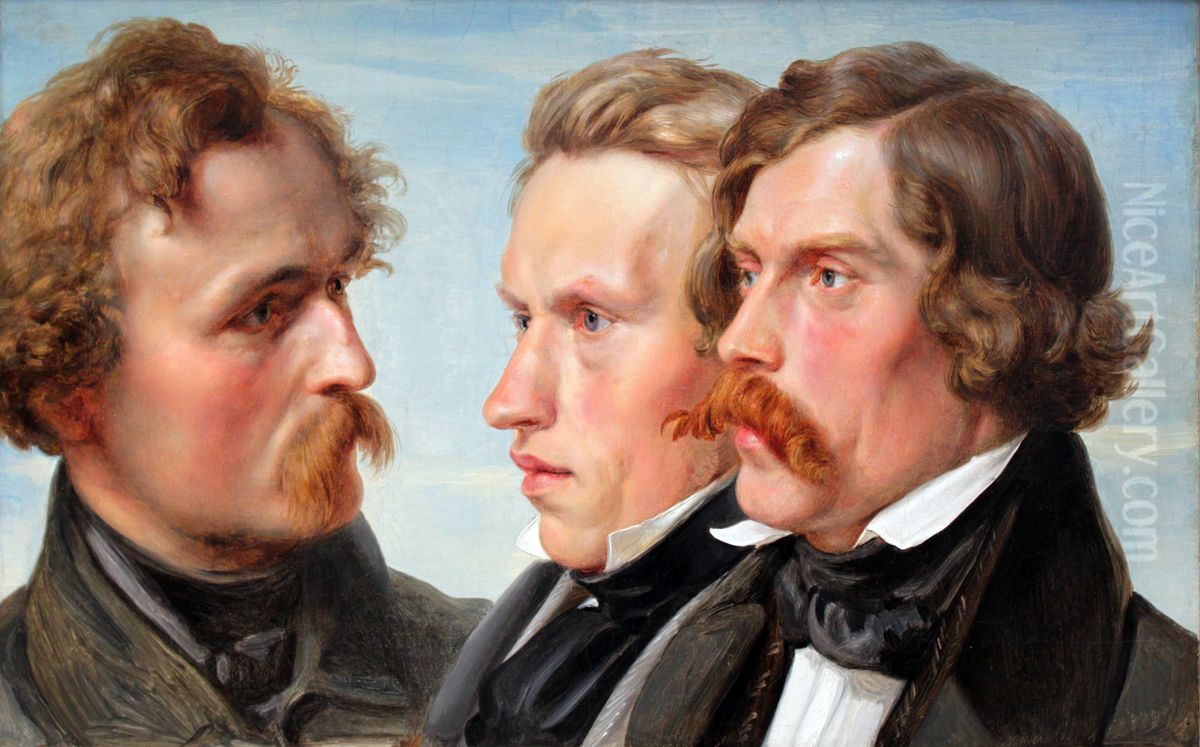 The painters Karl Friedrich Lessing, Carl Sohn and Theodor Hildebrandt Oil Painting by Julius Hubner