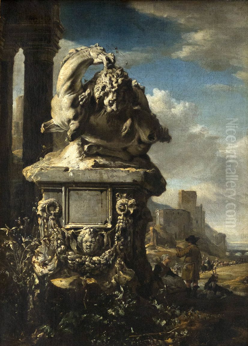 Groupe sculpte dans un paysage italien Oil Painting by Jan Weenix