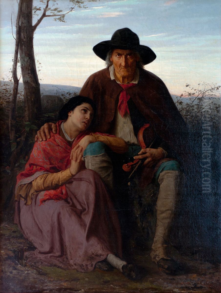 Le violoniste aveugle et sa fille Oil Painting by Francois-Alfred Delobbe