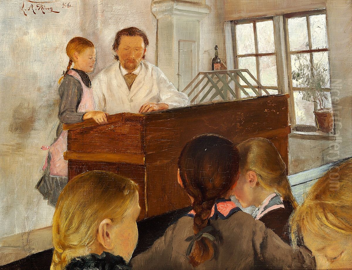 A lesson in the village school. A little girl is standing next to the teacher, four other girls seated on the school bench Oil Painting by Laurits Andersen Ring