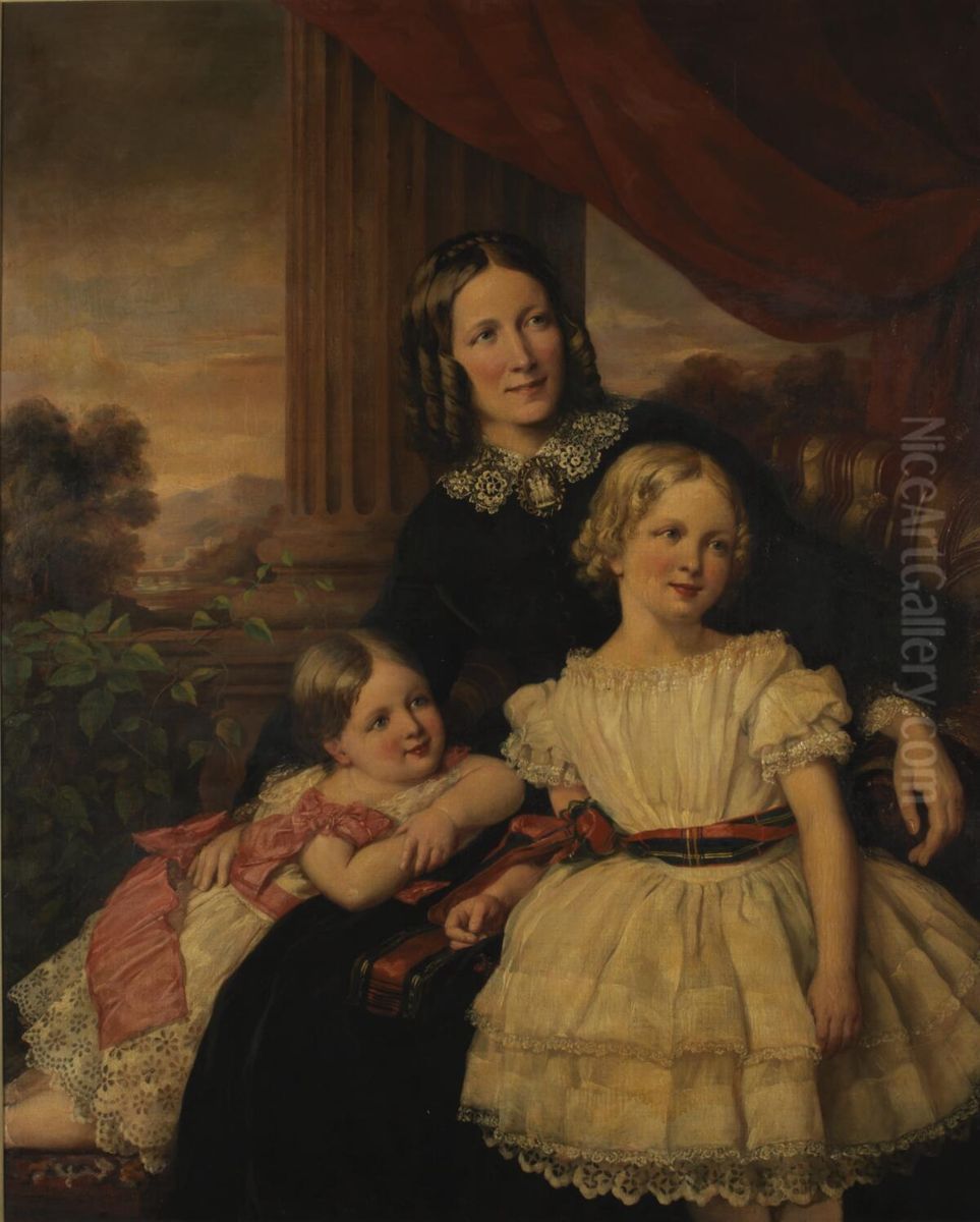 Group portrait of mother & two daughters Oil Painting by Carl Schmid