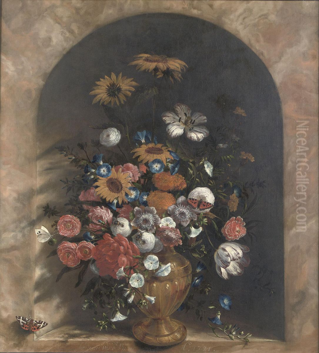 Flowers in a stone niche Oil Painting by Laurens van der Vinne