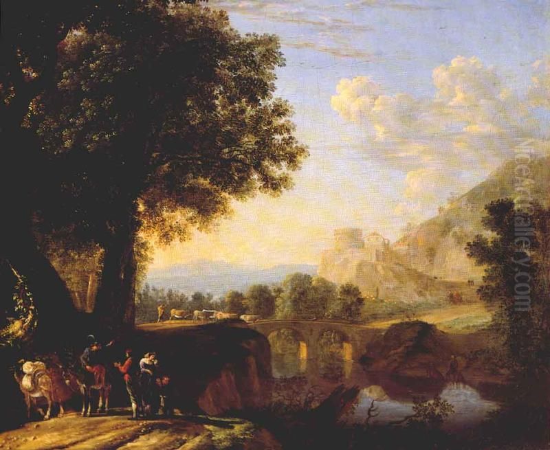 Italian Landscape with Bridge and Castle Oil Painting by Herman Van Swanevelt